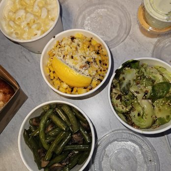 Poulette - Midtown East - The sides - mac & cheese, corn with parmesan (and lemon), sautéed brussels and string beans w/mushrooms - French Near Me - New York, New York Poulette - Midtown East - The sides - mac & cheese, corn with parmesan (and lemon), sautéed brussels and string beans w/mushrooms - French Near Me - New York, New York