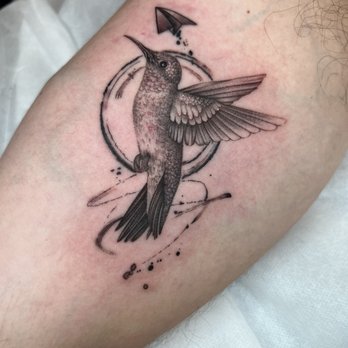 Alium Tattoo Studio - Hummingbird with a paper airplane swirling around - Tattoo Near Me - Culver City, California