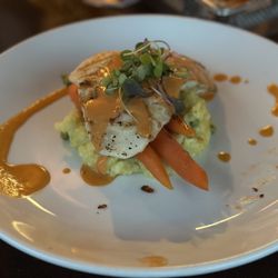 Grill grouper with sweet pea risotto, honey bourbon glazed carrots, sherry tomato butter