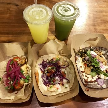 Corazon Cocina - White shrimp taco, cauliflower taco, veg quesadilla, cucumber Fresca and ginger lemon Fresca! Tasty! - Mexican Near Me - Santa Barbara, California