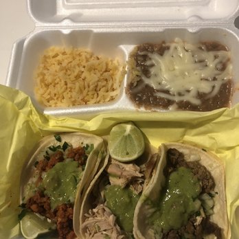 Taqueria Durango BBQ - 3 Tacos plate with rice and beans. (Al pastor, chicken, carne asada) - Mexican Near Me - Fairfield, California Taqueria Durango BBQ - 3 Tacos plate with rice and beans. (Al pastor, chicken, carne asada) - Mexican Near Me - Fairfield, California