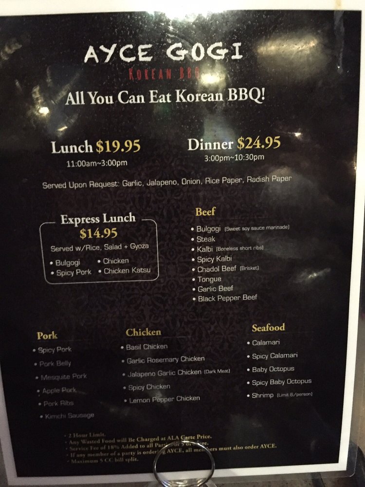 Menu Ayce Gogi Korean Bbq Ayce Gogi Korean Food Gogi Restaurant