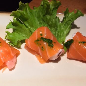 Sushi Art - Salmon enveloping sea scallops - Sushi Bars Near Me - Milan, Michigan