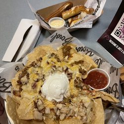 Berks Lanes - Loaded nachos with chicken and beef, pretzel bites