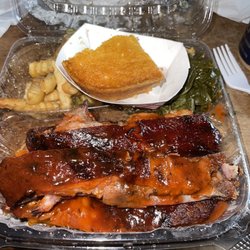 Hogs On the Hill - Barbecue Ribs, Fries, Collard Greens & Cornbread Platter. Everything delicious.