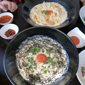 Kochi - front: Mentai Cream Udon 5/5 back: Uni Cream Udon 4/5 left: garlic chili oil and house spicy sauce right: extra mentai - Noodles Near Me - West Hollywood, California Kochi - front: Mentai Cream Udon 5/5 back: Uni Cream Udon 4/5 left: garlic chili oil and house spicy sauce right: extra mentai - Noodles Near Me - West Hollywood, California