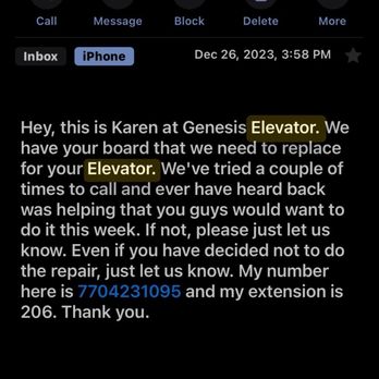 Genesis Elevator - Here it is December they know they didn't do it yet come January they claim they did it in September! These people are nuts - Elevator Services Near Me - Kennesaw, Georgia Genesis Elevator - Here it is December they know they didn't do it yet come January they claim they did it in September! These people are nuts - Elevator Services Near Me - Kennesaw, Georgia