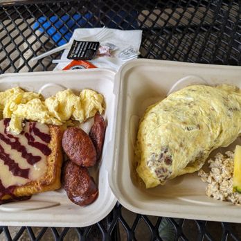 Anuenue Cafe - Tube Rider French toast(L) Shark omelette (R) - Cafes Near Me - Koloa, Hawaii Anuenue Cafe - Tube Rider French toast(L) Shark omelette (R) - Cafes Near Me - Koloa, Hawaii