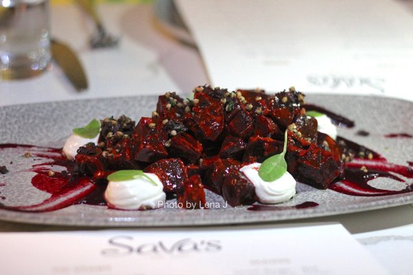 Photo of Sava's - Ann Arbor, MI, US. Salt Roasted Beets ($14) - dehydrated kalamata olives, buckwheat relish, goat cheese, harissa vinaigrette. I like the buckwheat.