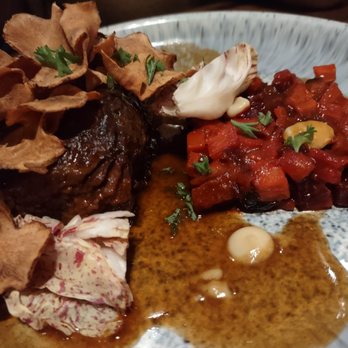 Fiorentini - NJ FARM SHORT RIBS    Roots vegetables, sunchokes chips Probably one of thee most tender Short Rib dishes I've had in a long time. - Italian Near Me - Rutherford, New Jersey