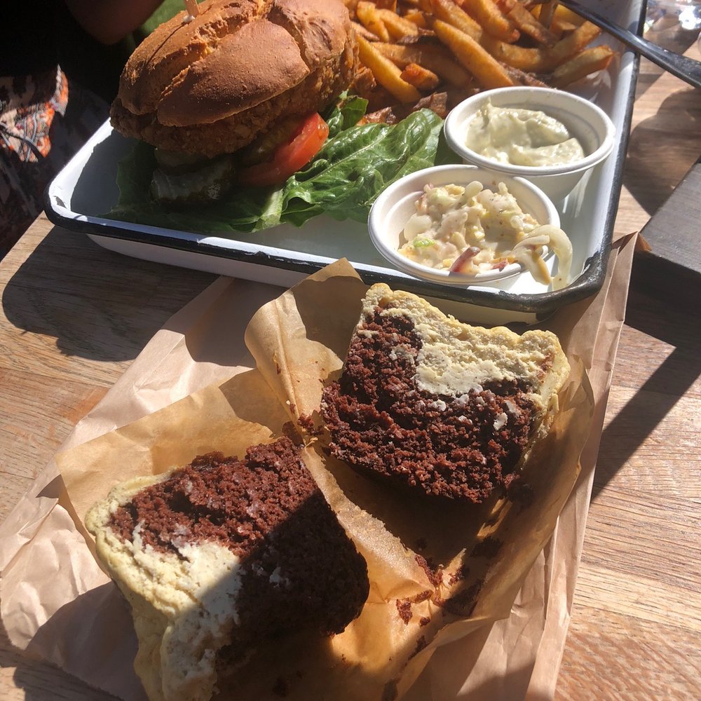 Nectarine Grove - Chicken Sammie, and black and white cheesecake muffin - New American Near Me - Encinitas, California Nectarine Grove - Chicken Sammie, and black and white cheesecake muffin - New American Near Me - Encinitas, California