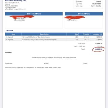 Bizzy Bee Plumbing - They quoted $5143 for 40 gallon tank - Plumbing Near Me - Raleigh, North Carolina Bizzy Bee Plumbing - They quoted $5143 for 40 gallon tank - Plumbing Near Me - Raleigh, North Carolina
