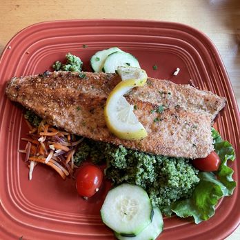 Glacier Highland Restaurant - Trout with spinach quiona - American Near Me - West Glacier, Montana Glacier Highland Restaurant - Trout with spinach quiona - American Near Me - West Glacier, Montana
