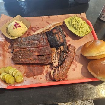 Barbs B Q - Brisket, sausage, pork ribs, turkey, potato salad and green spaghetti. - Barbeque Near Me - Lockhart, Texas