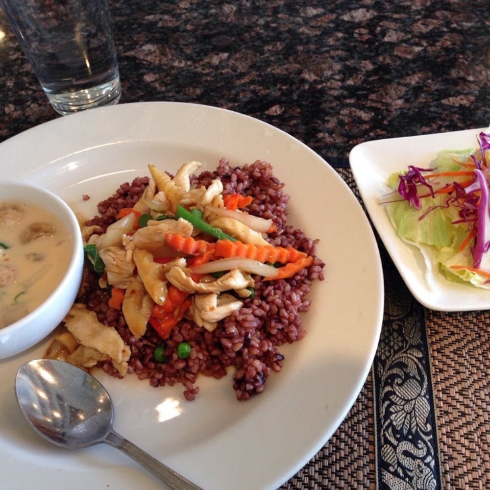 Baan Thai Restaurant - Basil chicken with Tom ka soup and salad - Thai Near Me - Orinda, California
