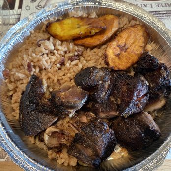 Uncle Don’s Kitchen - Jerk pork, rice and peas with sweet plantains. - Caribbean Near Me - Hicksville, New York