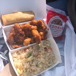 Kids Meal: Orange Chicken with rice, a cookie and it comes with a drink. Veggie spring roll in picture was extra Kids Meal: Orange Chicken with rice, a cookie and it comes with a drink. Veggie spring roll in picture was extra