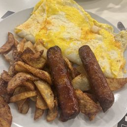 3 cheese omelette, potatoes, sausage