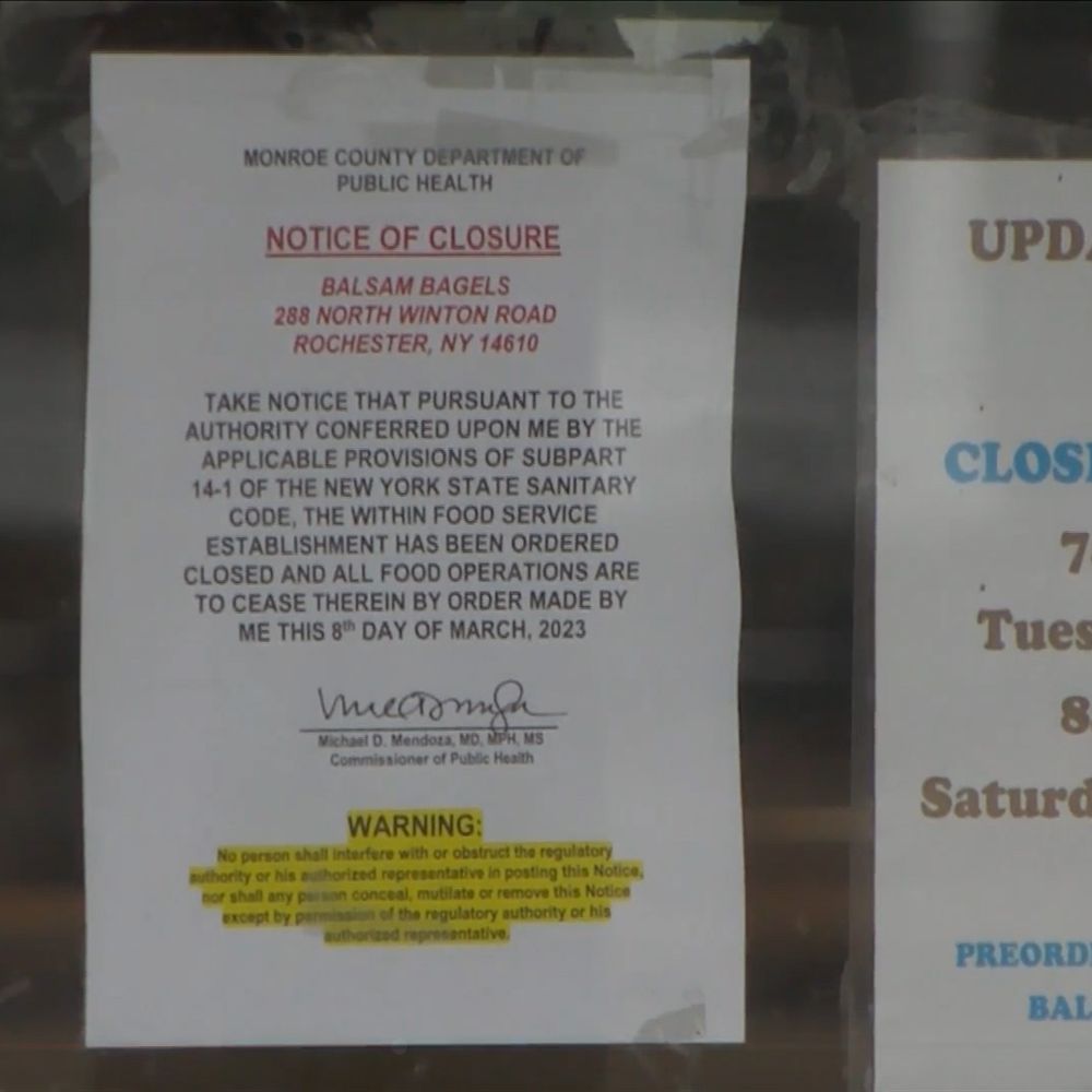 Balsam Bagels - Closeup of notice of closure from health department - Bagels Near Me - Rochester, New York