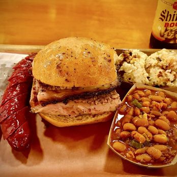 Pinkerton's Barbecue - Heights - Red Hot Sausage, Brisket Sandwich, Jalapeño Rice and South Texas Beans with a Shiner Bock - Barbeque Near Me - Houston, Texas Pinkerton's Barbecue - Heights - Red Hot Sausage, Brisket Sandwich, Jalapeño Rice and South Texas Beans with a Shiner Bock - Barbeque Near Me - Houston, Texas
