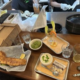 British fish (no chips), side of mushy peas, prawn and crab appetizer, and cup of chowder - ALL delicious!