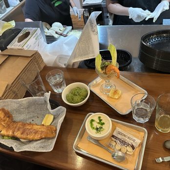 Proper Fish - British fish (no chips), side of mushy peas, prawn and crab appetizer, and cup of chowder - ALL delicious! - Seafood Near Me - Bainbridge Island, Washington