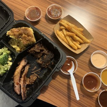 The Smoking Apple - Two meat plate with ribs and brisket, seasonal veggies and seasoned fries. - Barbeque Near Me - Lindon, Utah