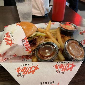 Killer Burger Potranco - The peanut butter bacon pickle burger ($10.75) with fries and sauces. - Burgers Near Me - San Antonio, Texas Killer Burger Potranco - The peanut butter bacon pickle burger ($10.75) with fries and sauces. - Burgers Near Me - San Antonio, Texas