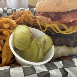Garrison Golf Club - Rodeo burger bacon and onion ring and curly fries.