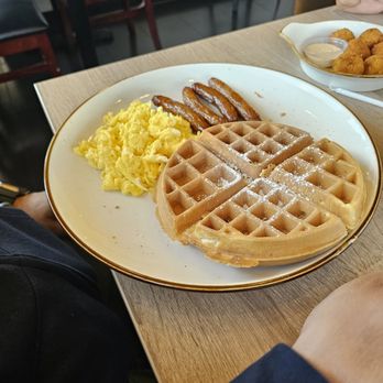 Mikayla's Cafe - Belgian waffle,  sausage links,  scrambled eggs - Breakfast & Brunch Near Me - Santa Clara, California