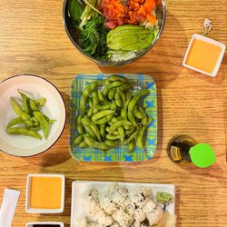 Cupbop Express - California roll, edamame, combo poke bowl, spicy mayo