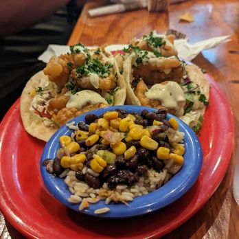 Cabo Fish Taco - The Shrimp tacos with a side of rice and beans.  Both very good - Tacos Near Me - Roanoke, Virginia