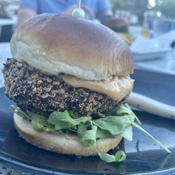 Pompano Grill - James Beard award winning Psychedelic salmon and mushroom burger - pretty tasty - Seafood Near Me - Cocoa Beach, Florida Pompano Grill - James Beard award winning Psychedelic salmon and mushroom burger - pretty tasty - Seafood Near Me - Cocoa Beach, Florida