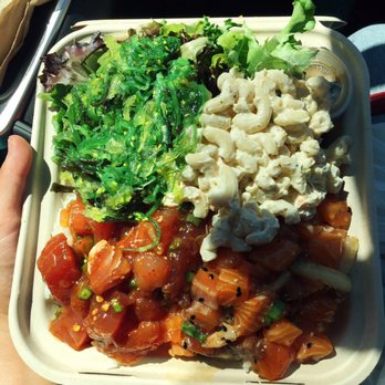 Ono Authentic Hawaiian Poke - Garlic salmon and spicy tuna poke with two sides of mac salad and seaweed salad over rice and greens - Poke Near Me - Edmonds, Washington Ono Authentic Hawaiian Poke - Garlic salmon and spicy tuna poke with two sides of mac salad and seaweed salad over rice and greens - Poke Near Me - Edmonds, Washington