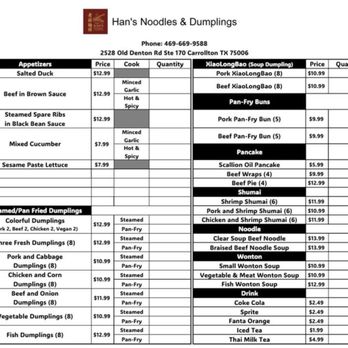 Han's Noodles & Dumplings 老韓麵館 - Menu. They also have specials. - Noodles Near Me - Carrollton, Texas Han's Noodles & Dumplings 老韓麵館 - Menu. They also have specials. - Noodles Near Me - Carrollton, Texas