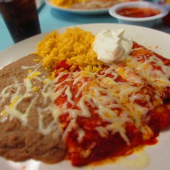 Don Juan Corner Cafe - Cheese enchiladas (filled with Mexican cheese) with refried beans, rice, and sour cream - Mexican Near Me - Vancouver, Washington