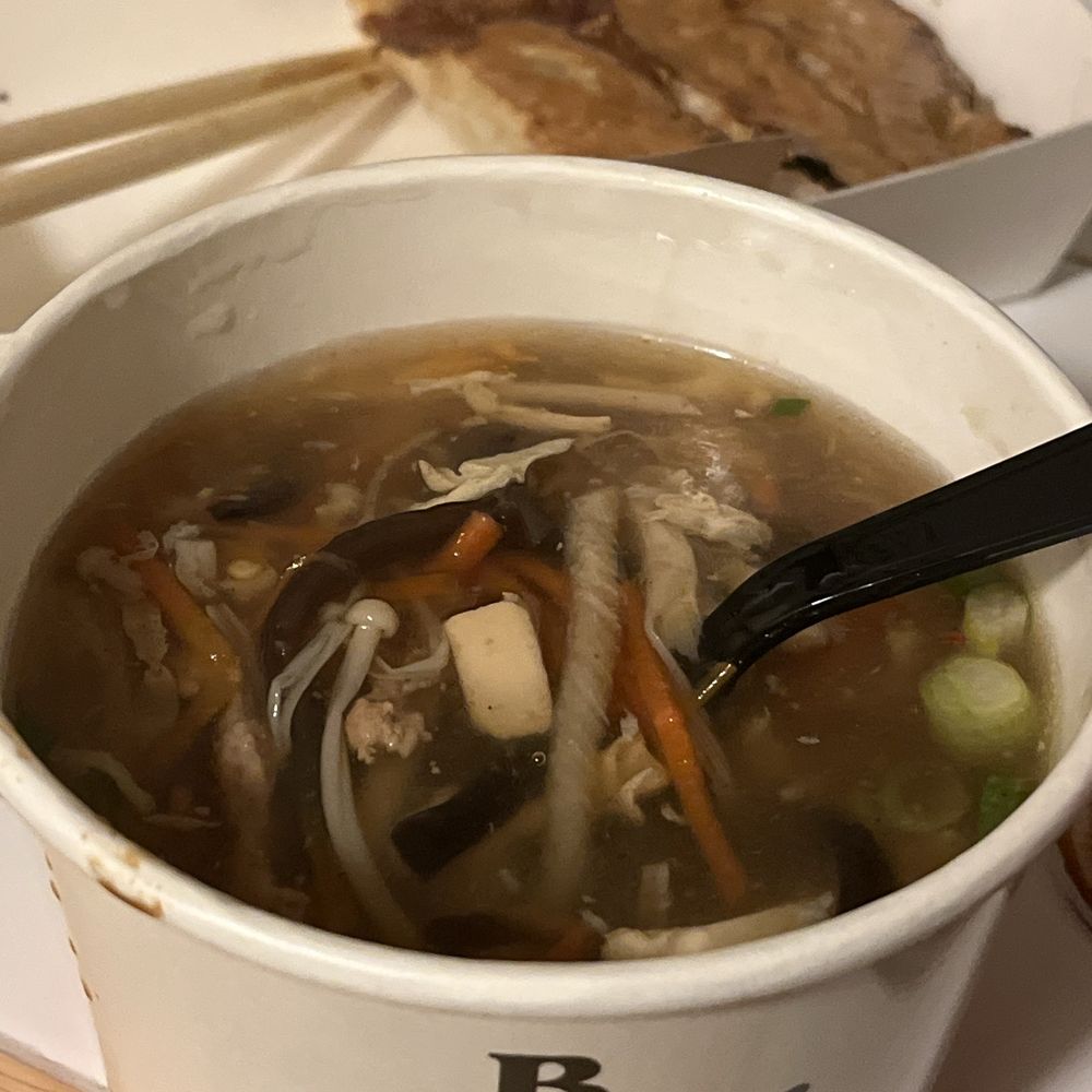 Bafang Dumpling - Hot and Sour Soup and three of my six fried dumplings. - Taiwanese Near Me - Van Nuys, California