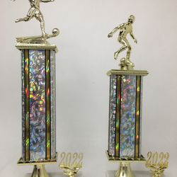 All Time Awards - Custom Made Soccer trophies with silver rectangle column and white marble base