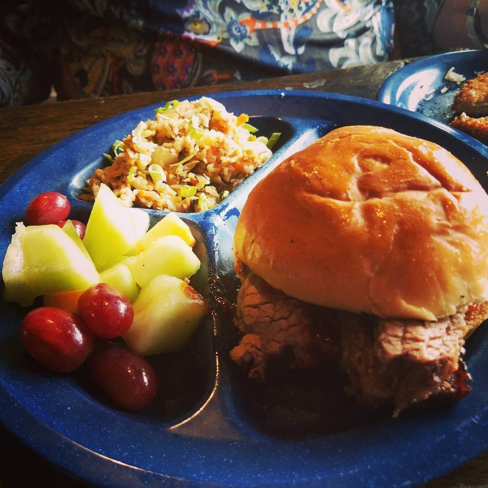 Dinosaur Bar-B-Que - Blue Brisket Sandwich, bbq fried rice and fresh fruit salad - Barbeque Near Me - Troy, New York