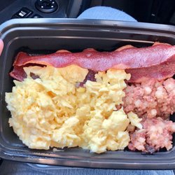 Eggs, corn beef hash, and Turkey bacon