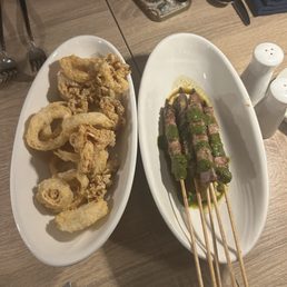 Fresh Cut Fried Calamari and lamb skewers Fresh Cut Fried Calamari and lamb skewers