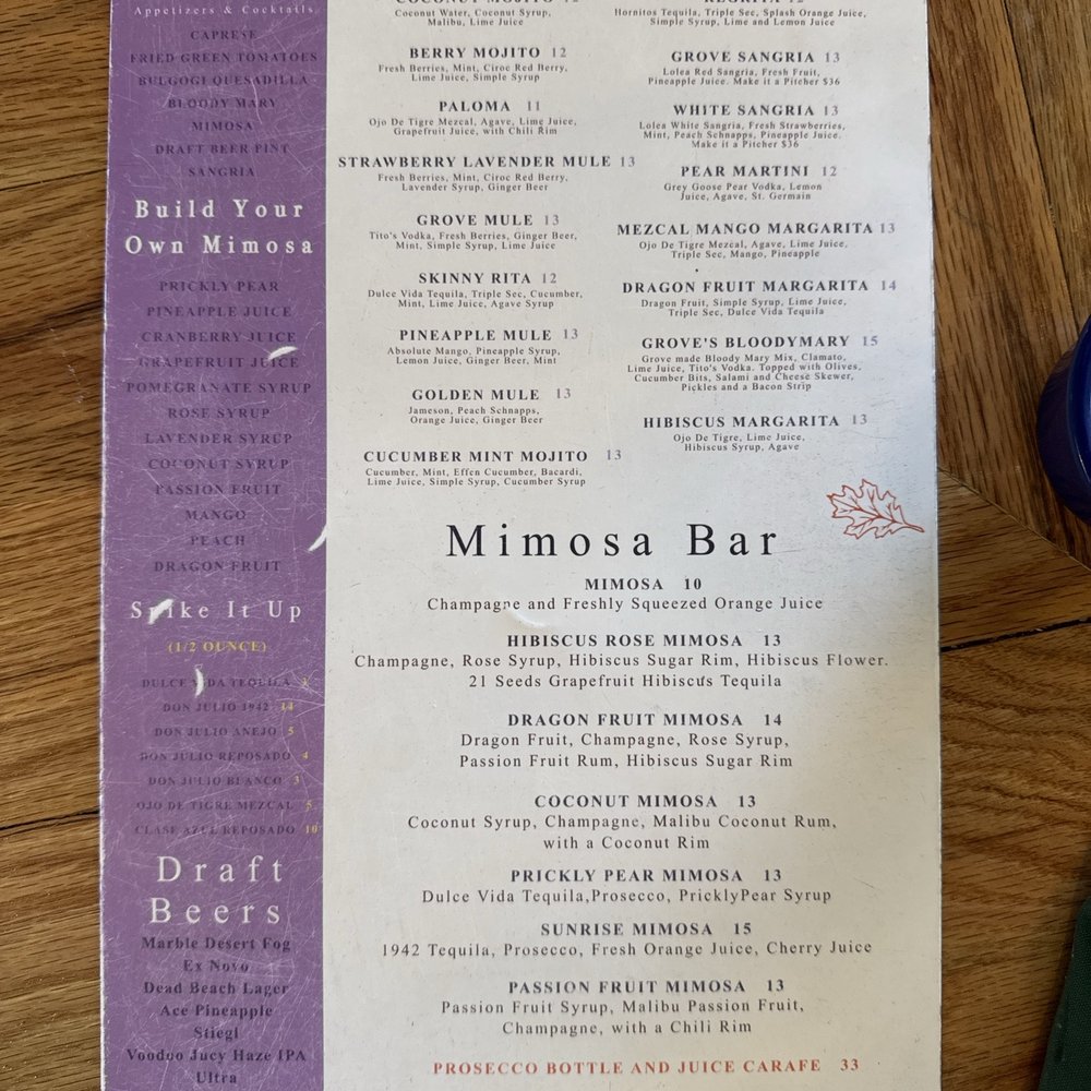 Grove Brunch Cafe - Cocktails menu. The mimosas are delicious. - Breakfast & Brunch Near Me - El Paso, Texas Grove Brunch Cafe - Cocktails menu. The mimosas are delicious. - Breakfast & Brunch Near Me - El Paso, Texas