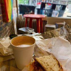 Latte and classic breakfast sandwich.
