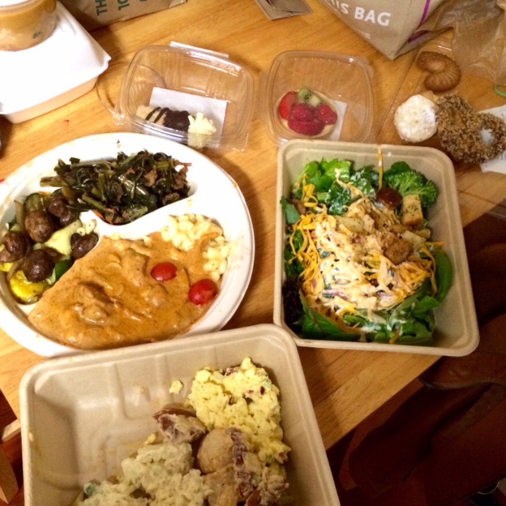 Blackened chicken. Macaroni. Greens. Squash. Salad. Egg salad. Potato salads. Tarts. Cream horn. And cookies Blackened chicken. Macaroni. Greens. Squash. Salad. Egg salad. Potato salads. Tarts. Cream horn. And cookies