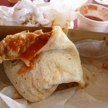 El Burrito - Interior View of Bean & Cheese Burrito with Red Sauce Added - Mexican Near Me - Redlands, California