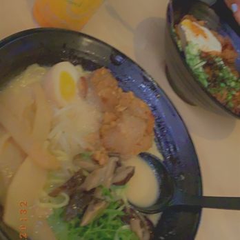 Ninja Ramen - I got the R3. Creamy Broth Chicken Ramen and japanese mango flavored soda. And my friend got  R10. Spicy Mazemen. They're so delicious. - Ramen Near Me - Arlington, Texas