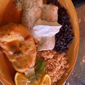 Alberto's Cantina - Combo plate with burrito, enchilada and Chile relleno, black beans and Mexican rice. - Sports Bars Near Me - Pleasanton, California