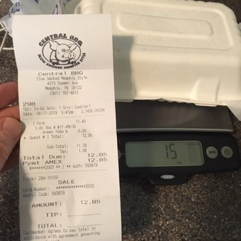 Central BBQ - Receipt for 1 pound of BBQ showing time stamp of order. - Barbeque Near Me - Memphis, Tennessee Central BBQ - Receipt for 1 pound of BBQ showing time stamp of order. - Barbeque Near Me - Memphis, Tennessee