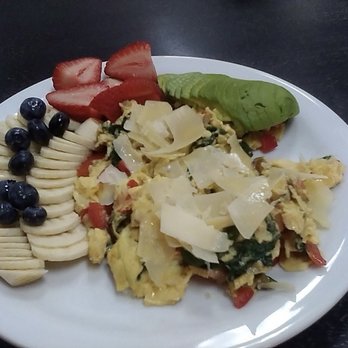 Victory Caffe - My Spinach Omelette with side of fruit and avocado. Parmesan cheese on top. - Breakfast & Brunch Near Me - Studio City, California
