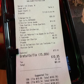 Pueblito Viejo - Receipt - Colombian Near Me - Chicago, Illinois Pueblito Viejo - Receipt - Colombian Near Me - Chicago, Illinois